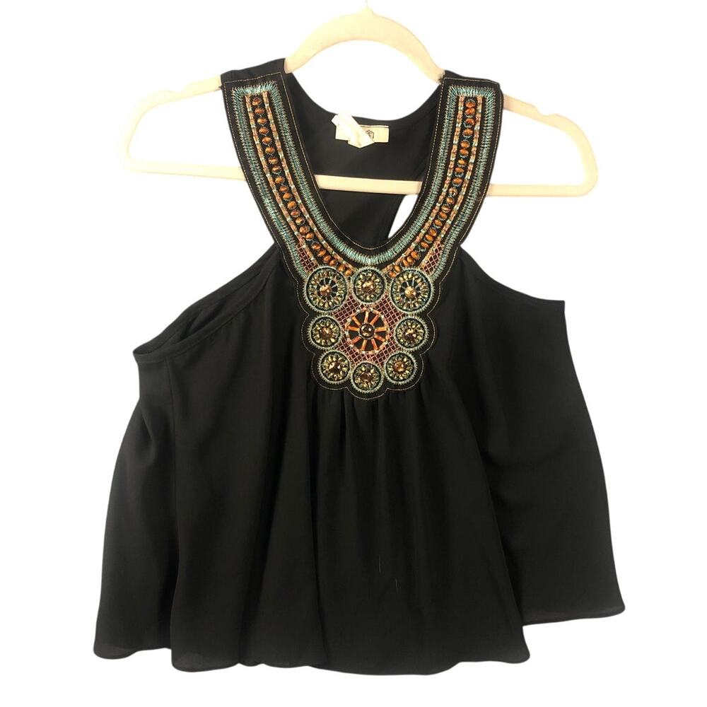 April Swing Black Beaded Sleeveless Top Boho Shirt Top Size Medium
